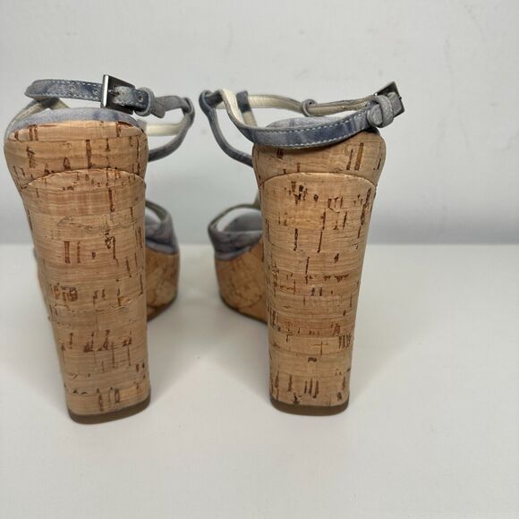 Prada Tie Dye Light Blue Suede Tan Cork Wedge Sandals Ankle Espadrilles 38 - Picture 5 of 13